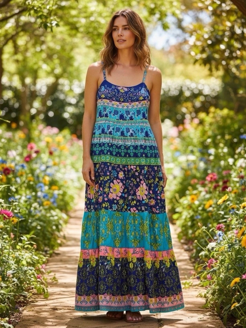 Natural Life Patricia Boho Tiered Maxi Dress Sz S